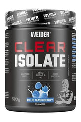 Weider Clear Isolate protein powder in blue raspberry flavor, 500g, lactose-free, high protein, zero sugar.